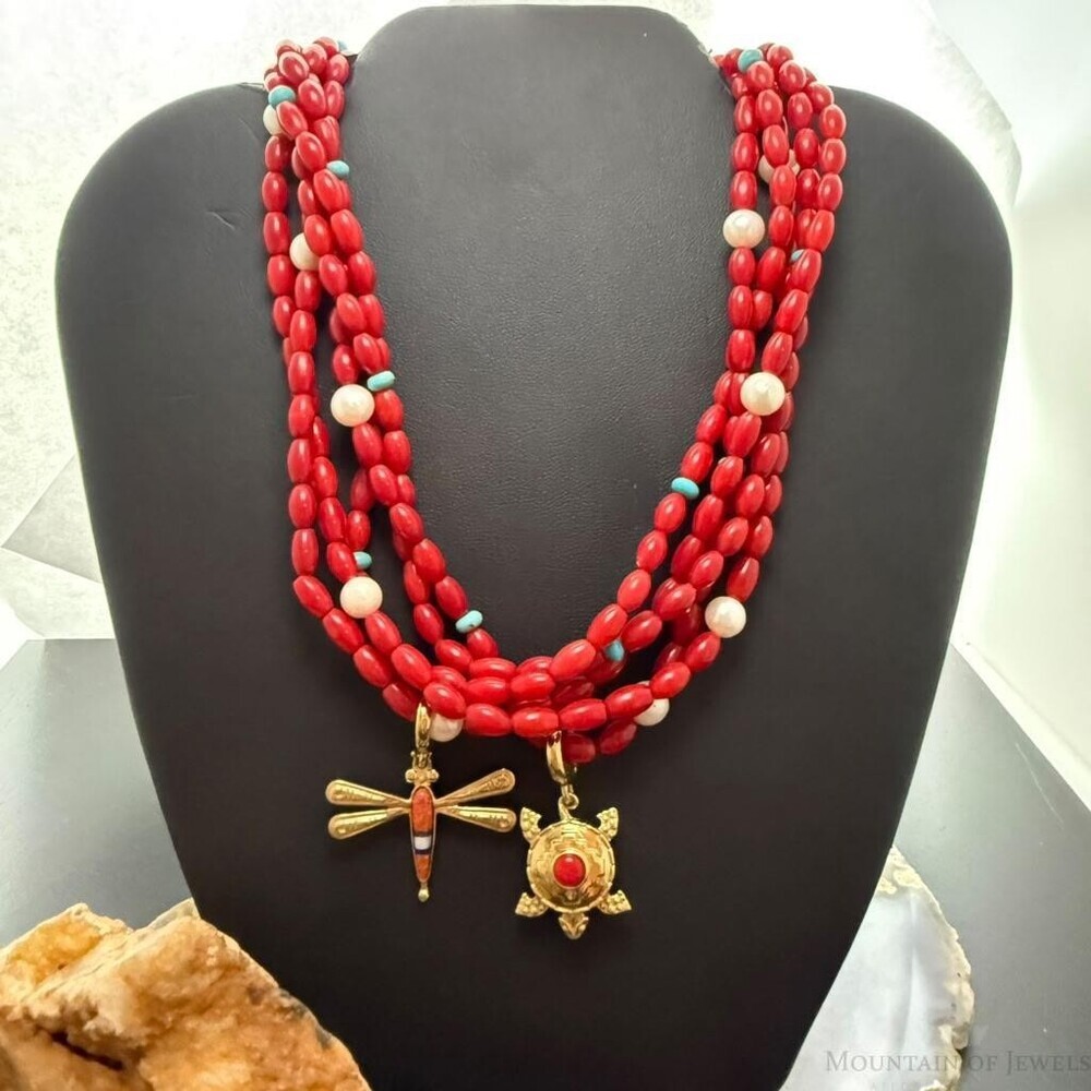 Carolyn Pollack Brass 5 Strands Red Jasper Beads w/Enhancer Necklace For Women
